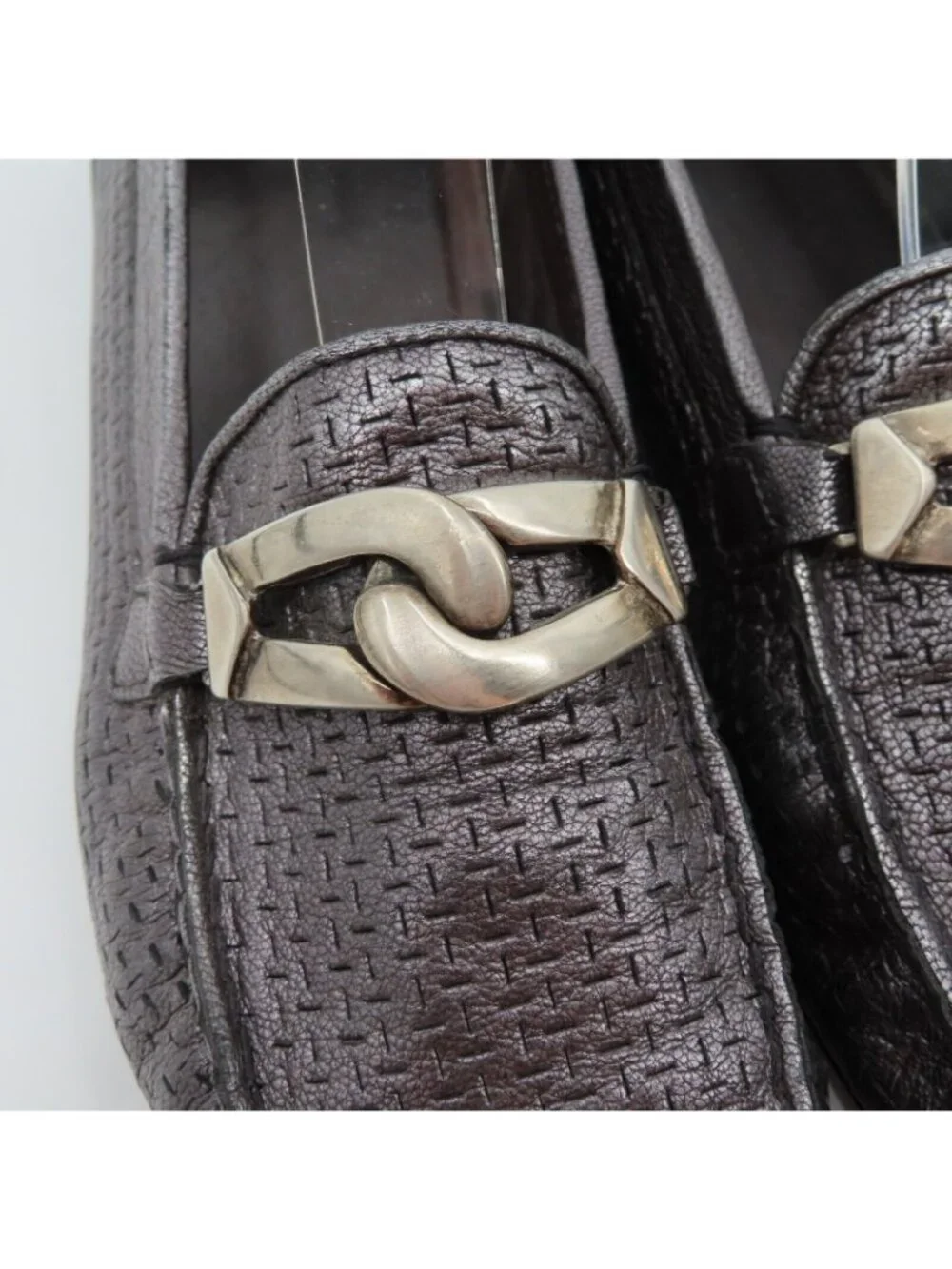Stuart Weitzman 9.5 SS Pewter Silver Textured Chain Square Toe Loafers Flats
